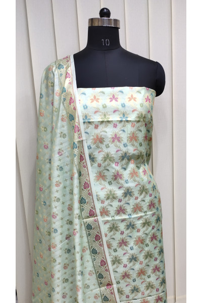 All Over Banarasi Butta Weaving Work Design Mint Katan Silk Suit Fabric Set (SF4)